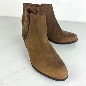 Clarks Brown Leather Ankle Boots - 7.5 - Side Zip Block Heel Boho Western Fall